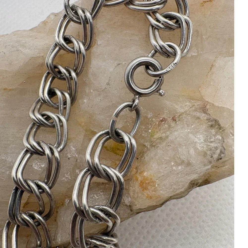 Vintage Sterling Silver Double Link Charm Bracelet 7 Inch 9.18g 925 Chain